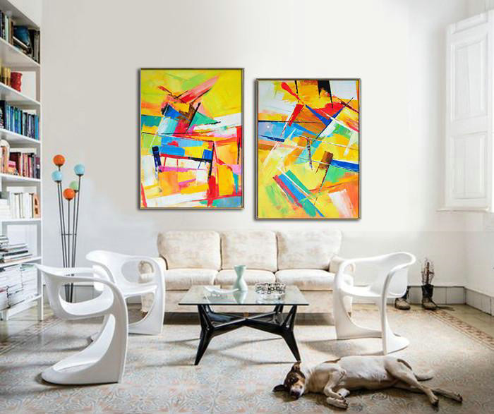 Abstract Painting Extra Large Canvas Art,Set Of 2 Contemporary Art On Canvas,Large Colorful Wall Art,Yellow,Orange,Red,Blue.etc